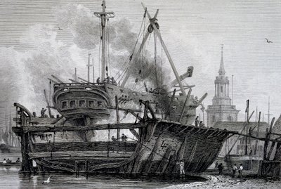 Rotherhithe, das Schwimmdock im Jahr 1815, graviert von J. C. Allen, aus Ansichten auf der Themse veröffentlicht von WB & George Cooke, 1822 von L. Francia